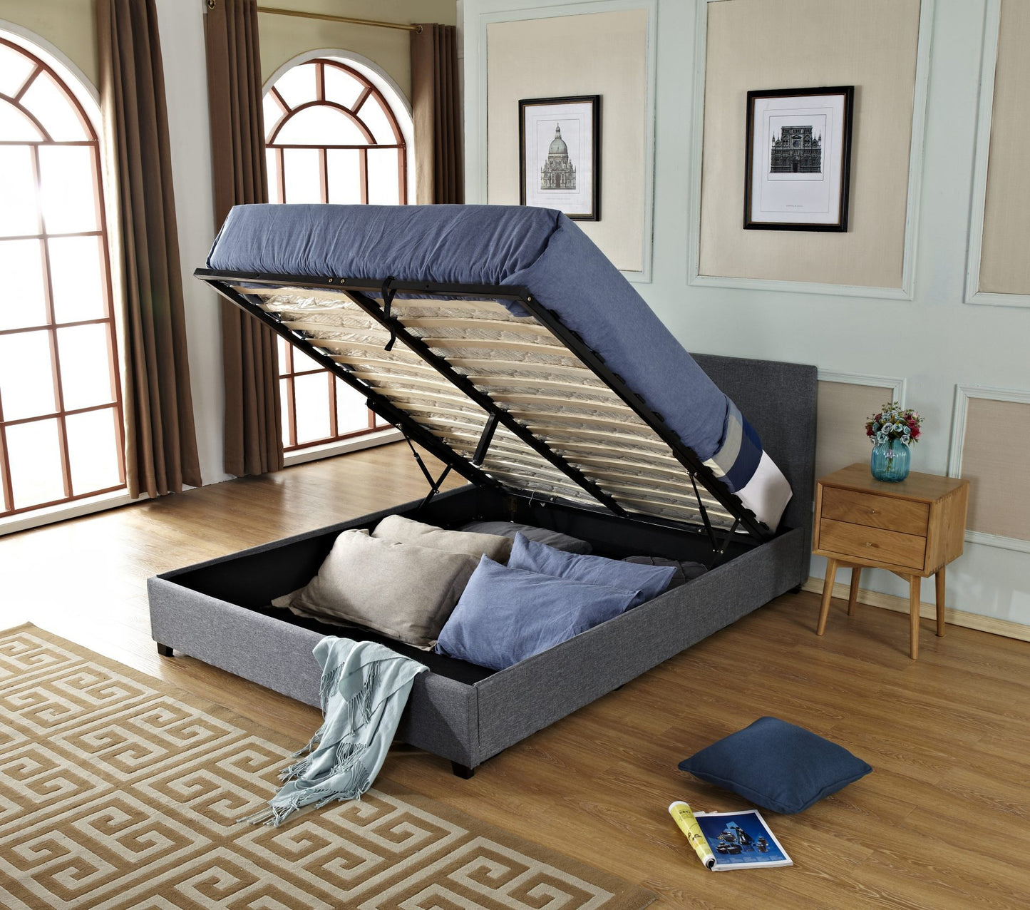 Button Upholstered Gas Lift Bed Frame with Storage