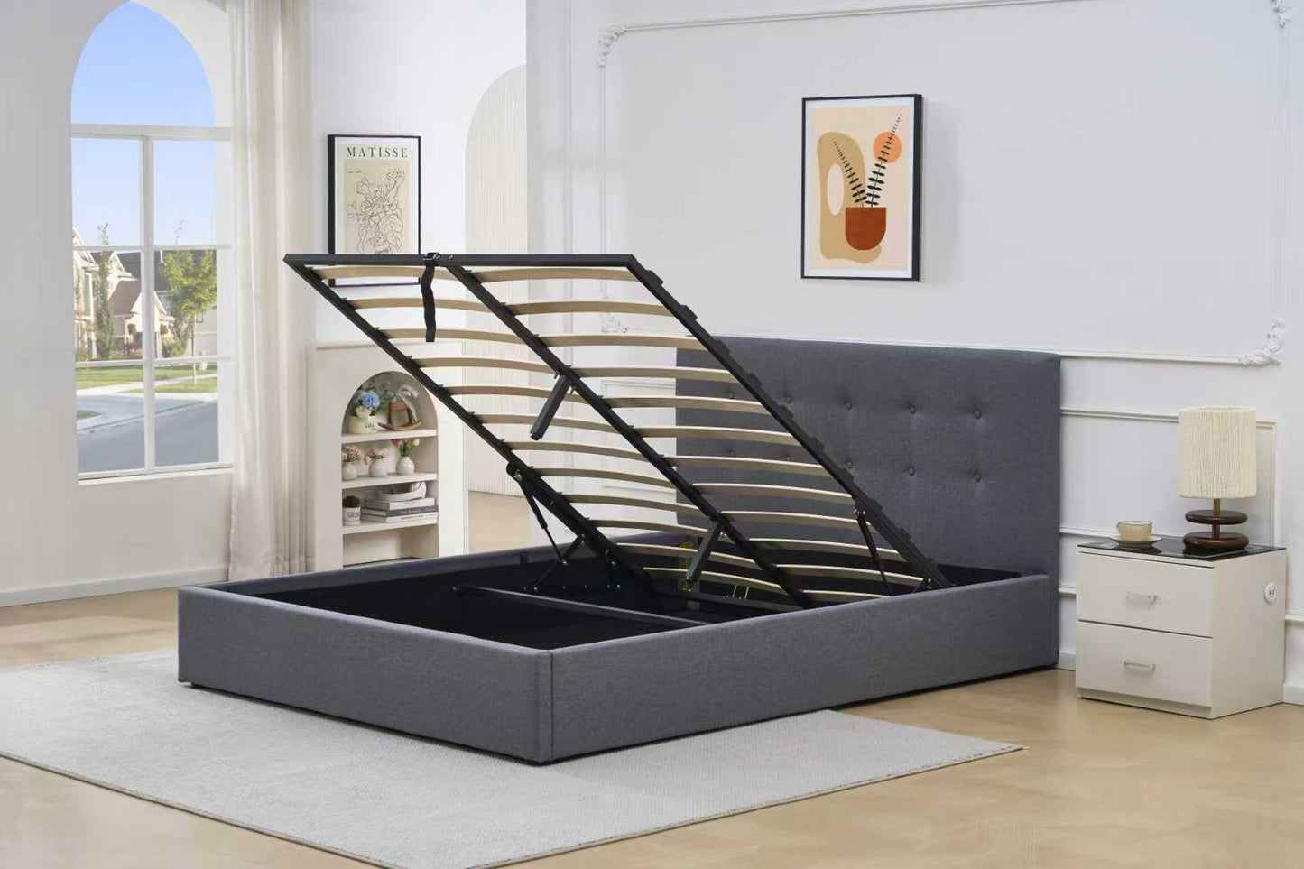 Button Upholstered  Gas Lift Bed Frame with Storage