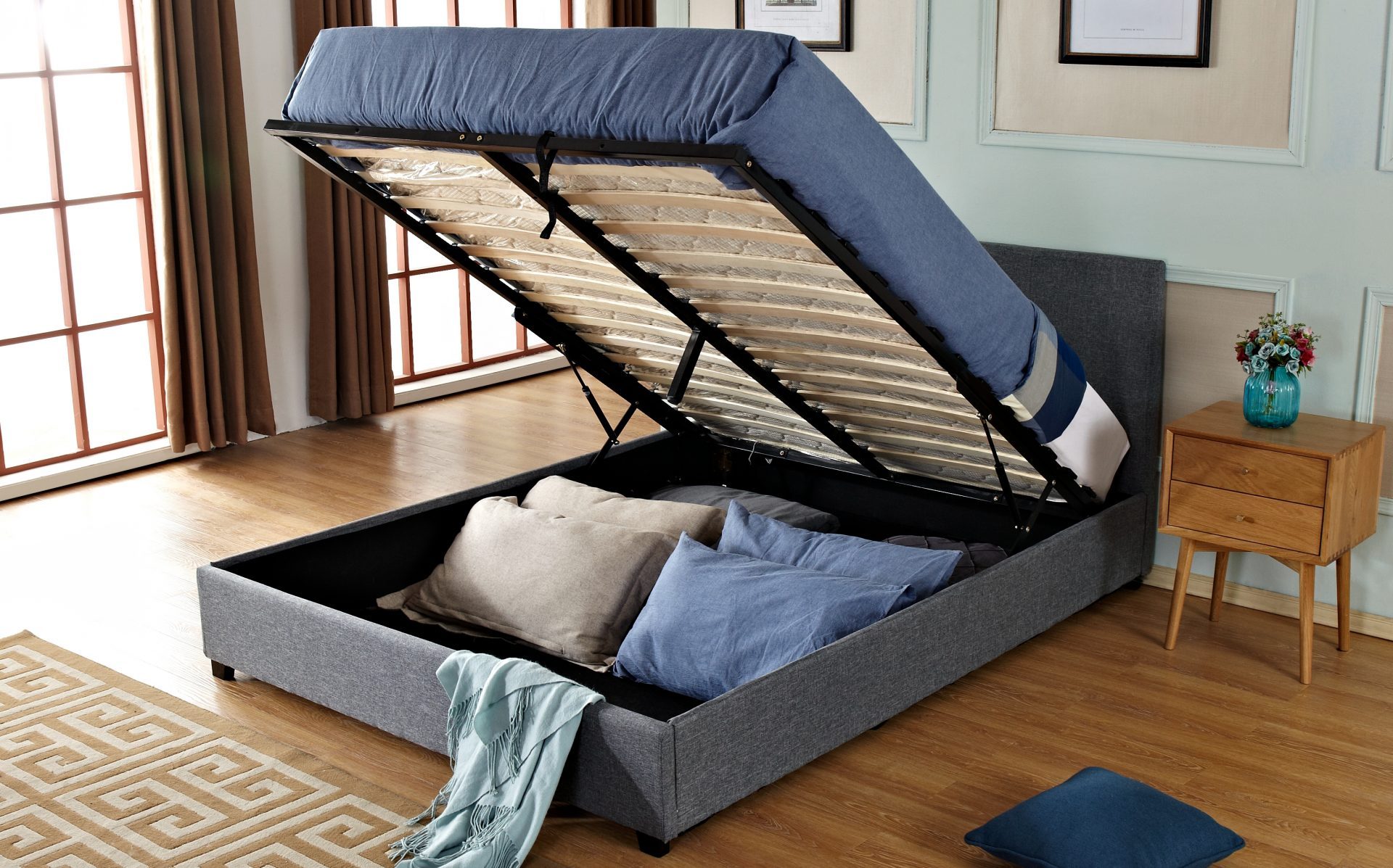 Upholstered Gas Lift Bed Frame with Storage